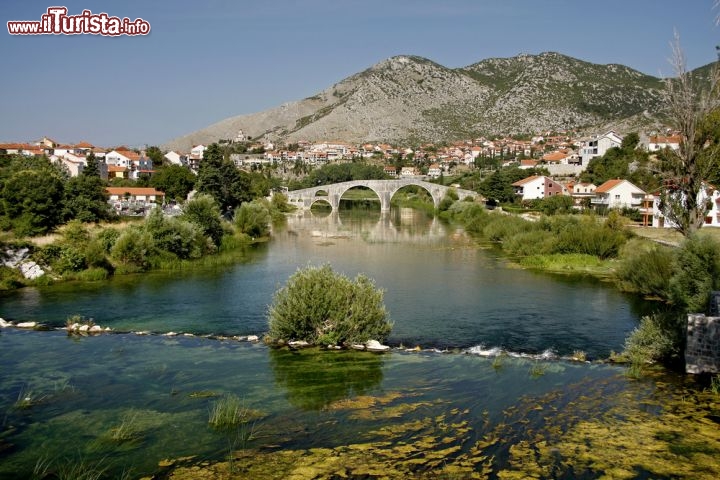 Immagine Ponte Arslanagic a Trebinje, Bosnia  Erzegovina - Completato nel 1574, il ponte Arslanagic (Perovica Most) venne sommerso dopo 400 anni di vita a causa del progetto idroelettrico che nel 1965 portò la struttura inondata ad essere smontata e abbandonata a sé stessa. Solo nel 1972 il ponte fu ricostruito anche se in una posizione differente rispetto a quella originale e in un luogo meno suggestivo. Nonostante tutti oggi rappresenta una delle bellezze architettoniche della città di Trebinje © Dan Tautan / Shutterstock.com
