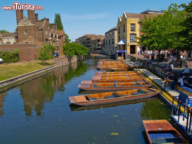 Immagine Tipiche barche a remi di Cambridge, Inghilterra - Il canottaggio, proprio come il rito del tè, la guida a sinistra e la famiglia reale, è una delle caratteristiche imprescindibili del popolo britannico. Grazie a numerosi tratti navigabili lungo fiumi e corsi d'acqua, le piccole imbarcazioni in legno sono uno dei mezzi di trasporto e svago ancora molto utilizzati da residenti e turisti. In questa immagine, barche a remi ancorate su uno dei canali che attraversa la cittadina britannica © Brian S / Shutterstock.com