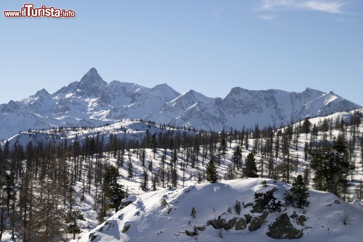 Immagine Cesana si trova sul confine di due distinti gruppo montuosi delle Alpi: a sud si aprono le Alpi Cozie dominate dalla sagoma del Monviso, a nord inziano le Alpi Graie che raggiungono la massima elevazione della chiostra alpina con il monte Bianco, alto 4807 metri. Sciare sulle montagne di Cesana, nel Comprensorio della Via Lattea in Piemonte, consente di godere della splendida vista di queste montagne  - © John Lindsay-Smith / Shutterstock.com