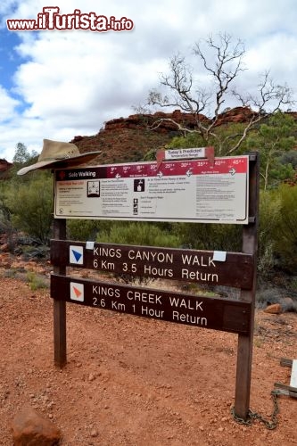 Immagine I sentieri principali del Kings Canyon in  Australia - Il sentiero blu, quello che si compie in quota (Kings Canyon Rim Walk), è sicuramente il più spettacolare, ma richiede una discreta condizione atletica, anche per via delle temperature elevate di questi luoghi. Chi ha meno tempo disponibile, o non se la sente di affrontare il sole cocente del Red Centre australiano, può optare sul percorso basso (Kings Creek Walk), che offre una prospettiva diversa, dal fondo del Canyon