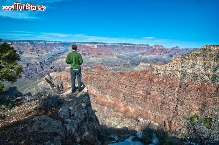 Immagine South Rim, ovvero il versante meridionale del Grand Canyon in Arizona: un uomo sul precipizio ammira uno degli spettacoli più impressionanti della terra - © ClimberJAK / Shutterstock.com
