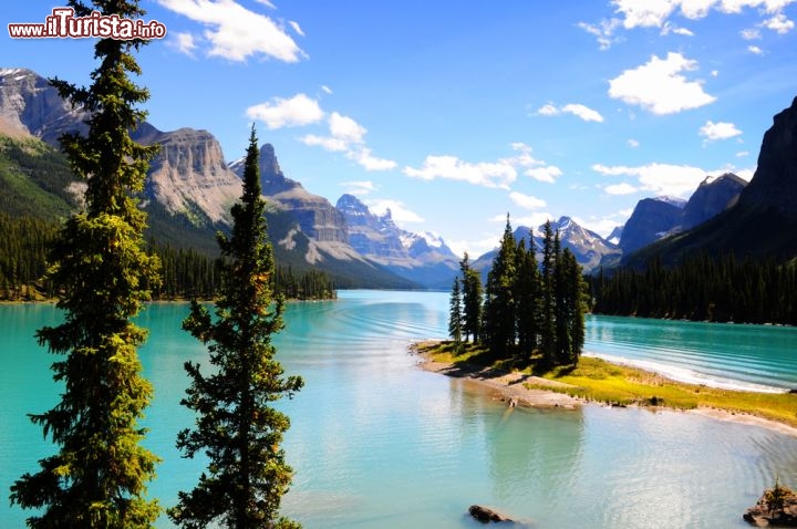 Immagine Spirit Island, la piccola isola del Maligne Lake, all'interno del Jasper National Park di Alberta, Canada. Una lingua di terra sottile, che sembra tenuta a galla da qualche albero: un piccolo gioiello meta di escursioni, tra gli scenari più fotografati del mondo, ormai divenuto simbolo delle Montagne Rocciose canadesi  - © Regien Paassen / Shutterstock.com