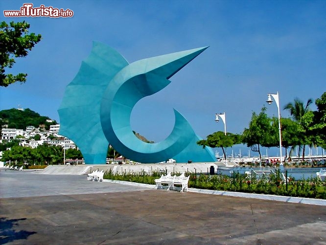 Immagine Il monumento (escultura) del Pez Vela. Il grande pesce anche chiamato come Marlin vive nelle acque del Pacifico, mentre la statua si trova sul lungomare di Manzanillo in Messico, località che è considerata uno dei più importanti paradisi dei pescatori