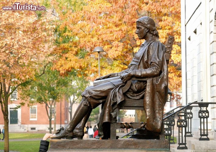 Immagine La statua bronzea di John Harvard è nel cortile della Harvard University di Cambridge, a Boston, nel Massachusetts. Fu realizzata da Daniel Chester French in onore del benefattore che in punto di morte lasciò una lauta somma alla prestigiosa università - © Jorge Salcedo / Shutterstock.com