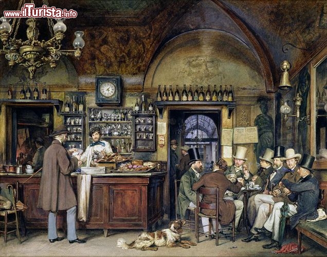 Immagine Lo storico Antico Caffè Greco in Roma: in questa stampa dell'800 una riproduzione degli ambienti della caffeteria di Via Condotti, già in attività nel lontano 1760 - Sito ufficiale