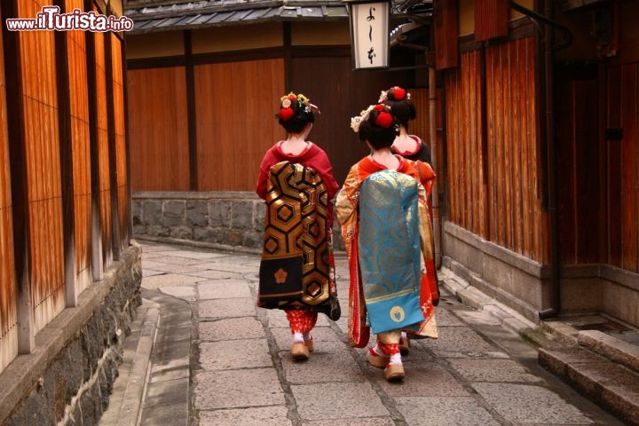 Immagine Geishe a passeggio a Gion, Tokyo - Tradizionale artista e intrattenitrice, con abilità che includono normalmente musica, canto e danza, la geisha era molto popolare in Giappone tra il XVIII° e il XIX° secolo: ne esistono tutt'oggi nonostante il loro numero stia diminuendo sempre di più. In questa immagine, tre geishe passeggiano per un vicolo di Gion, nei pressi della capitale Tokyo, con indosso sgargianti kimono e pettinature elaborate © Sergii Rudiuk / Shutterstock.com