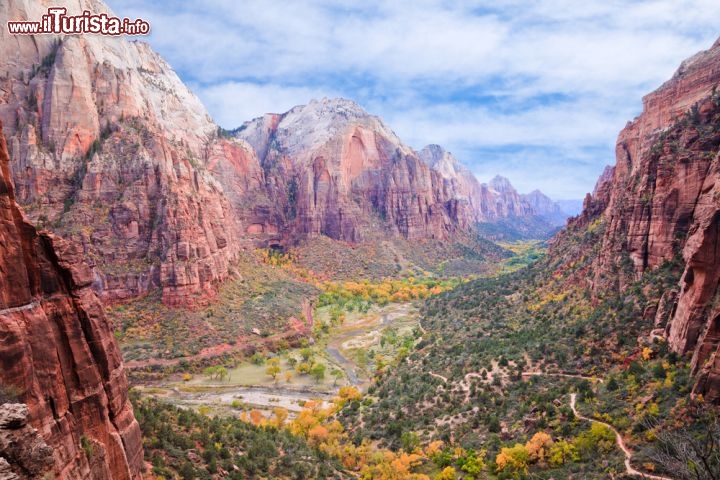 Immagine Una veduta d'insieme del Parco Nazionale di Zion, nello Utah, USA. Il canyon di Zion, scavato dal corso del Virgin River, rappresenta il cuore del parco: profondo 800 metri e lungo 24 km regala uno scorcio vertiginoso e commovente, intorno al quale si aprono altre gole e formazioni rocciose e si sviluppa una ricca vegetazione. L'ambiente del parco è molto vario: un'ampia gamma di specie animali e vegetali diverse aspettano di essere scoperte, sempre nel rispetto di un paesaggio millenario - © Nickolay Stanev / Shutterstock.com