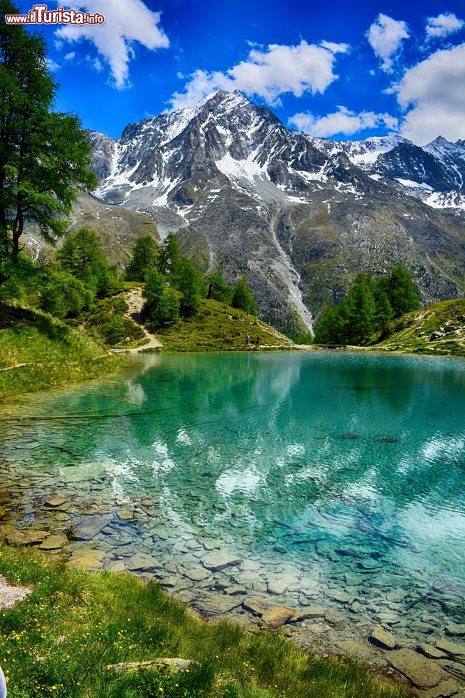 Immagine L'acqua trasparente del Lago Blu di Arolla, nei pressi di Evolene, Svizzera. Circondato da larici, cembri, marmotte, camosci e farfalle, questo splendido laghetto si trova a 2090 metri di altitudine nell'alta valle d'Herens.