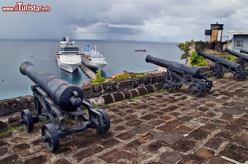 Immagine Alcuni antichi cannoni al Forte Federico di St.Georges's, capitale di Grenada. Sullo sfondo, due navi da crociera attraccate al molo.