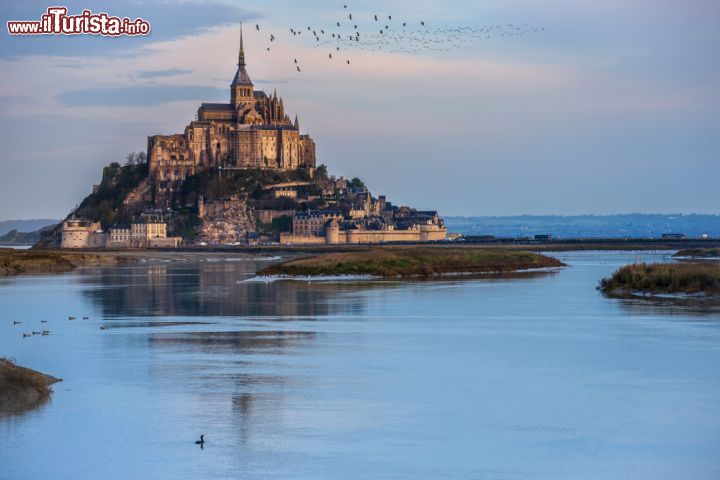 Immagine Alta marea a Mont-Saint-Michel in Normandia, Francia. Questa località ha le più alte maree sizigiali dell'Europa Continentale creando un panorama spettacolare - © neju/ Shutterstock.com