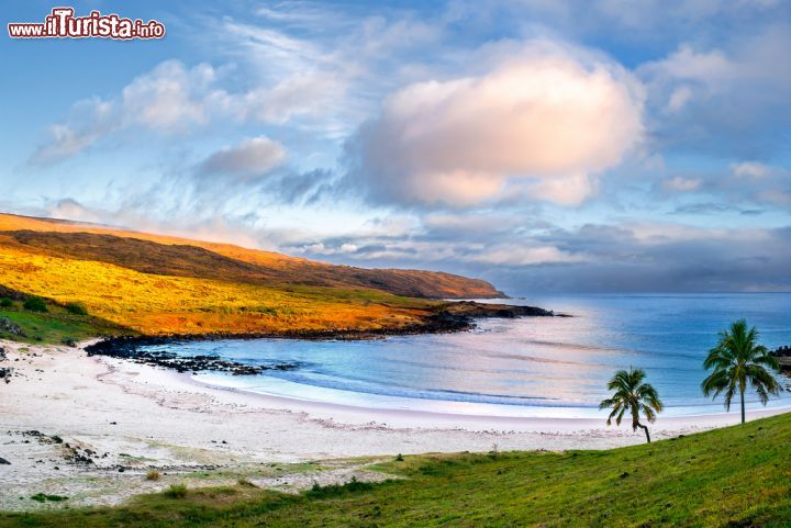 Immagine Anakena, la spiaggia di sabbia bianca corallina di Rapa Nui, Cile. Si trova sulla punta settentrionale dell'isola ed è una delle due uniche spiagge sabbiose presenti in questo territorio del Pacifico - © 158599049 / Shutterstock.com