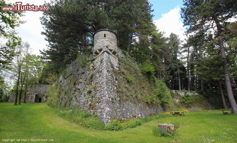 Immagine Antiche mura in pietra con torre a Sestola, Modena, Emilia Romagna. Il nome Sestola, territorio situtato nel Parco del Frignano, è di probabile derivazione romana - © marinya / Shutterstock.com