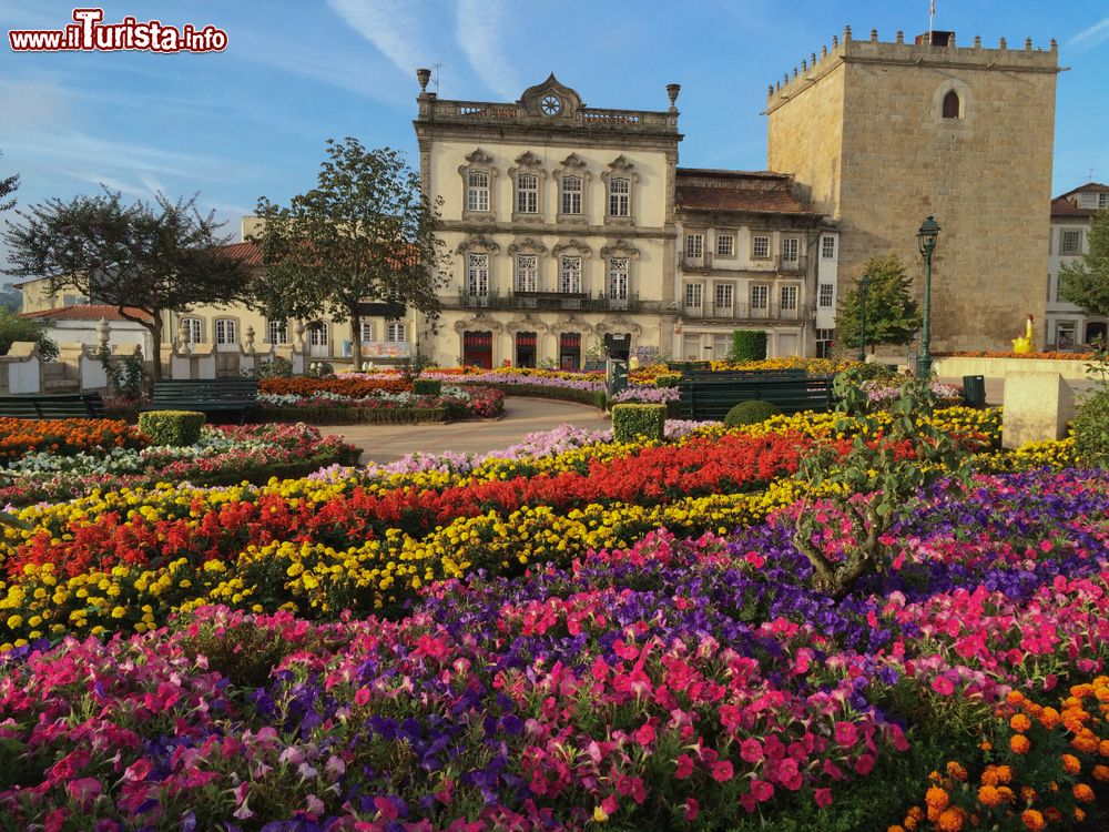 Immagine Antichi palazzi di Barcelos con aiuole fiorite in primavera (Portogallo).