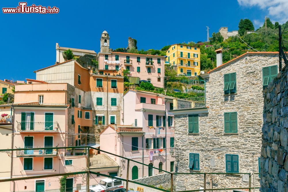 Immagine L'antico villaggio di Vernazza con le case colorate, La Spezia, Liguria. Oltre alle tradizionali case torre questo villaggio annovera anche testimonianze architettoniche più elaborate costruite durante il periodo di dominazione genovese.