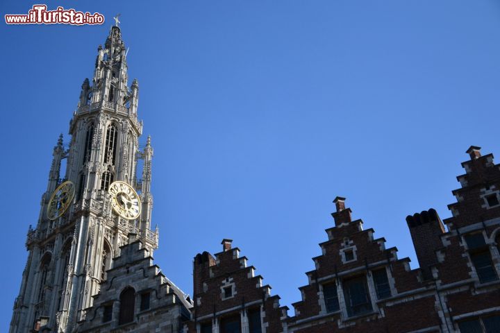 Immagine Anversa: il campanile della cattedrale svetta oltre i tetti a gradoni degli edifici che si affacciano sulla centralissima Grote Markt, la piazza principale della città.