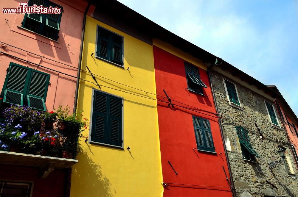 Immagine L'architettura colorata di Brugnato, La Spezia, Italia. A impreziosire le facciate degli edifici sono fiori e piante.