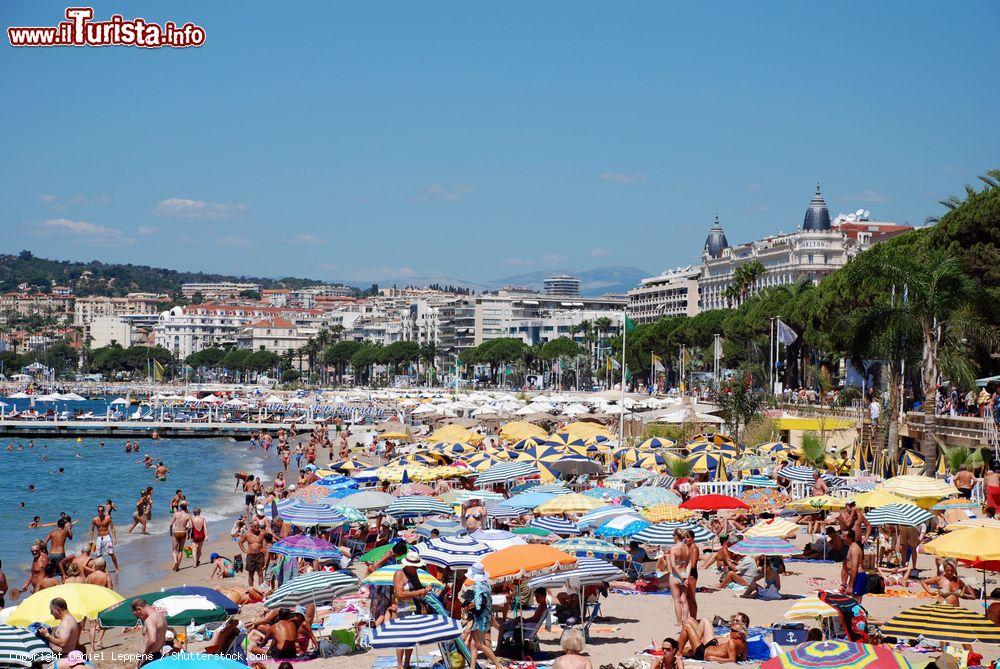 Immagine Bagnanti sulla spiaggia di Cannes, Costa Azzurra, Francia. Si estende per circa 9 chilometri e nei mesi estivi è frequentata da residenti, turisti e anche personaggi famosi del mondo dello spettacolo, dello sport e della cultura - © Daniel Leppens / Shutterstock.com