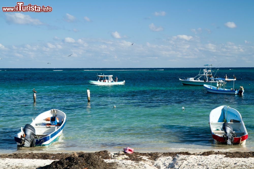 Immagine Barche ormeggiate davanti alla spiaggia di Puerto Morelos, Messico.