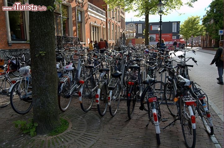 Immagine Biciclette in strada nel centro di Groningen in Olanda. Come altre mete dei Paesi Bassi, la bicletta è sicuramente uno dei mezzi di locomozioni più rapidi ed economici per muoversi in città