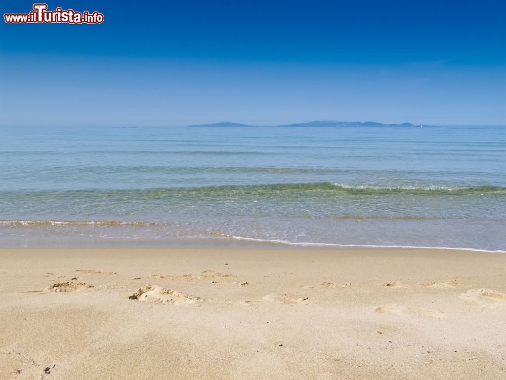 Immagine Cala Violina, Scarlino, considerata la spiaggia migliore della Toscana, sullo sfondo l'Isola d'Elba