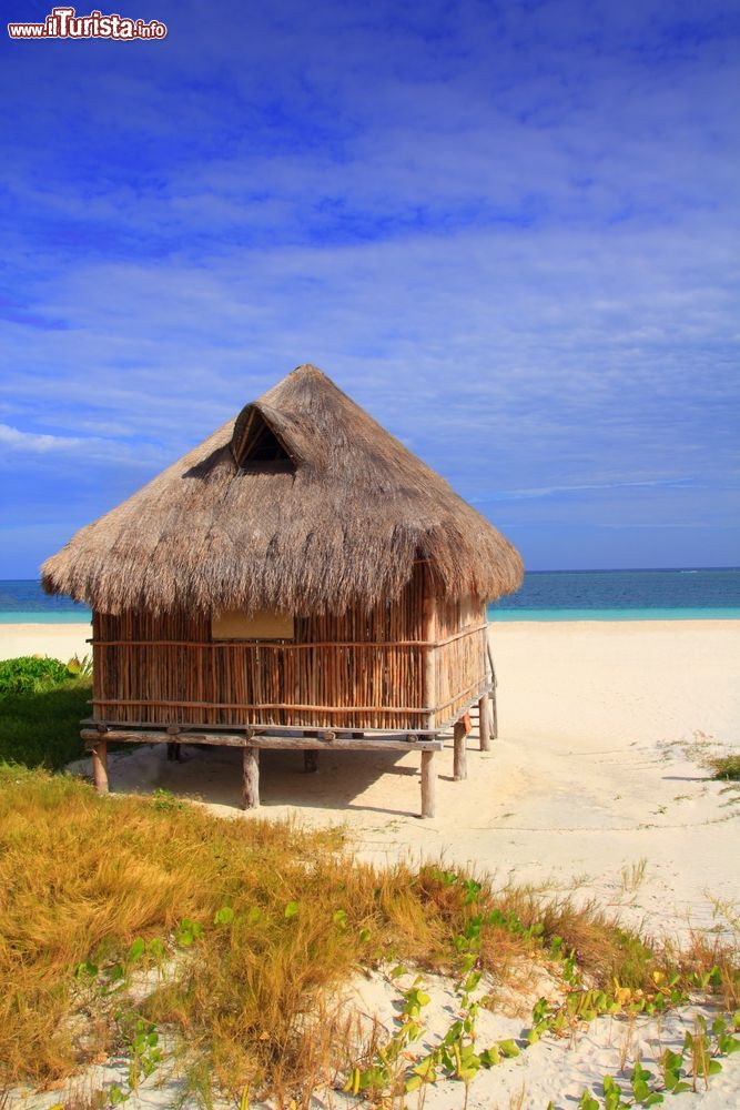 Immagine Capanna in paglia sulla spiaggia di Puerto Morelos, Messico, in una giornata di sole.