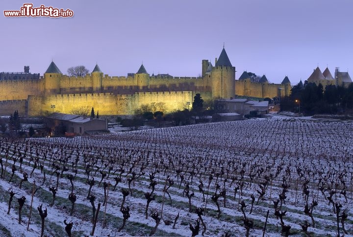 Immagine Carcassonne, in Francia, ricoperta di neve insieme ai filari ai piedi del borgo, che producono un ottimo vino  - © Paul Palau
