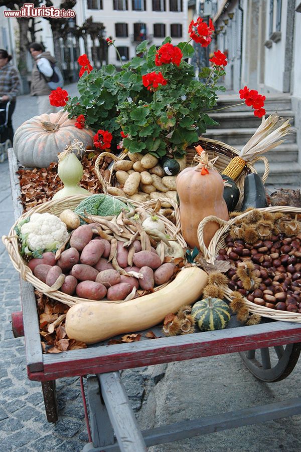 Immagine Un carretto colmo di prodotti autunnali nelle vie di Santa Maria Maggiore durante Fuori di Zucca