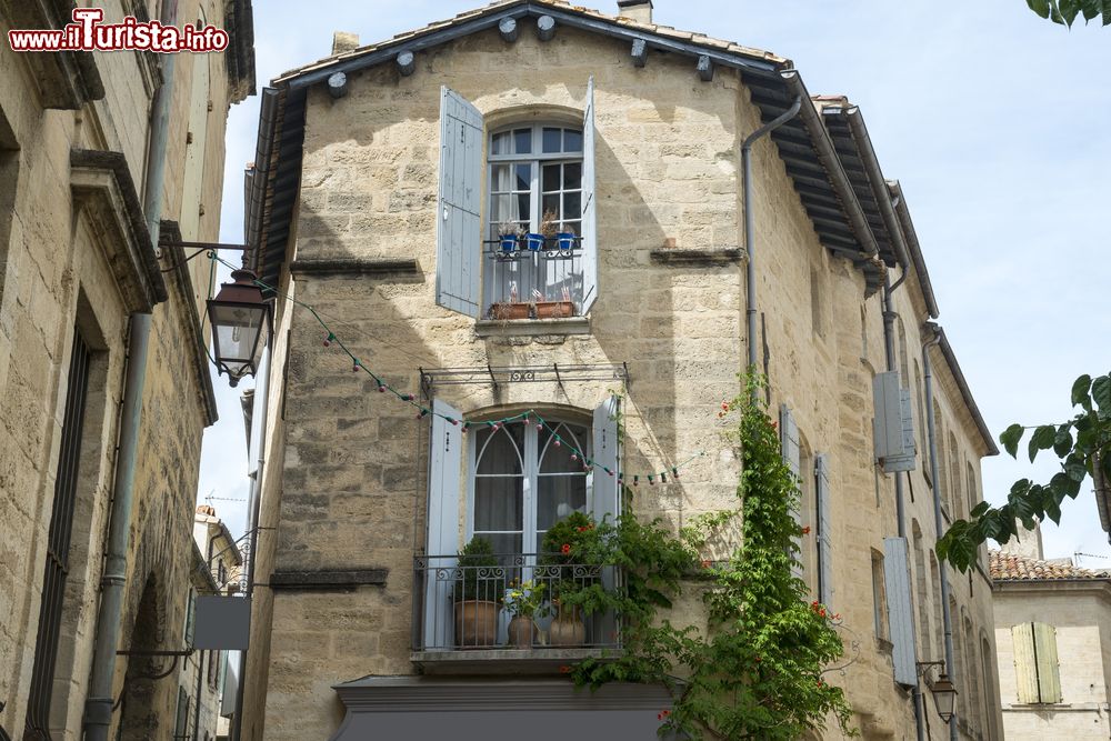 Immagine Facciata di un'abitazione a Uzes, Francia. A impreziosirne l'architettura in pietra sono fiori e piante rampicanti.