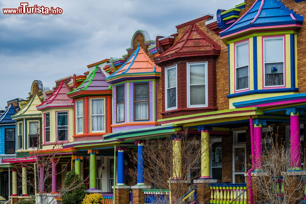 Immagine Case colorate lungo Guilford Avenue al Charles Village di Baltimora, Maryland. Si trova nell'area nord centrale della città ed è una zona borghese con molte case unifamiliari.