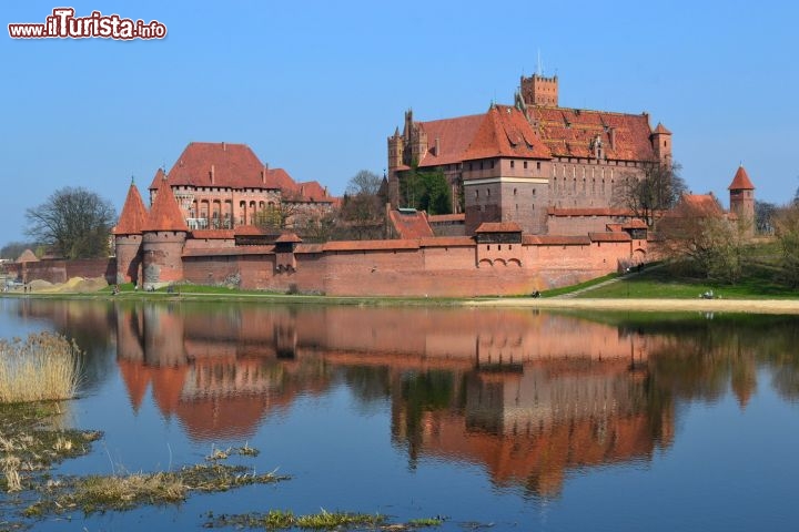 Immagine Il riflesso sul fiume Nogat del Castello di Malbork: dal 1997 il castello è iscritto nella lista dei siti Patrimonio dell'Umanità dell'UNESCO, e ammirandolo in tutto il suo splendore anche da fuori, sulla riva opposta del fiume Nogat, non si fatica certamente a capirne il motivo.