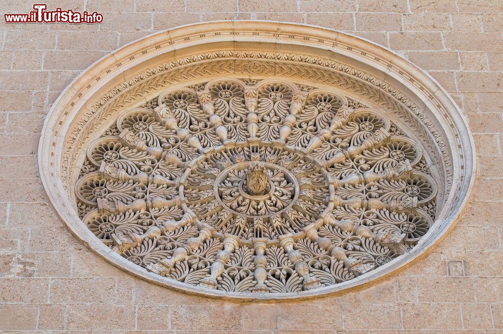 Immagine Dettaglio della Chiesa Matrice di San Giovanni Battista, Fasano, Puglia. Il rosone, prezioso capolavoro di scultura artigianale e ricco di decorazioni, impreziosisce la facciata esterna realizzata in tufo locale e in stile rinascimentale.