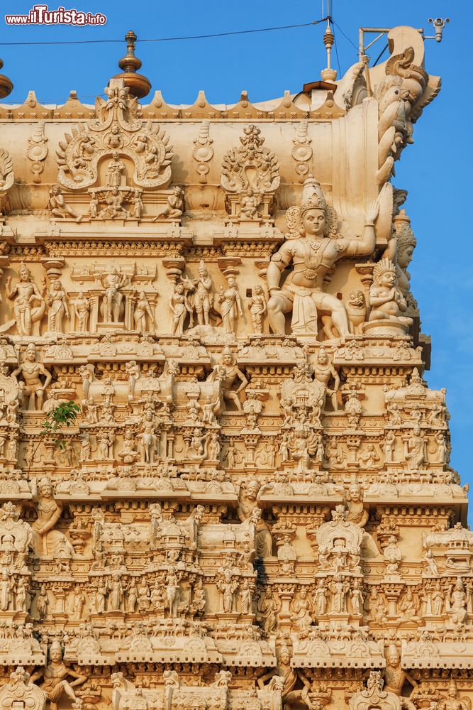 Immagine Dettaglio della facciata del tempio di Padmanabhaswamy a Trivandrum, Kerala, India. E' stato costruito con una fusione di stile tipico del Kerala e di stile dravidico. L'ingresso è permesso solo a chi professa la religione indù.