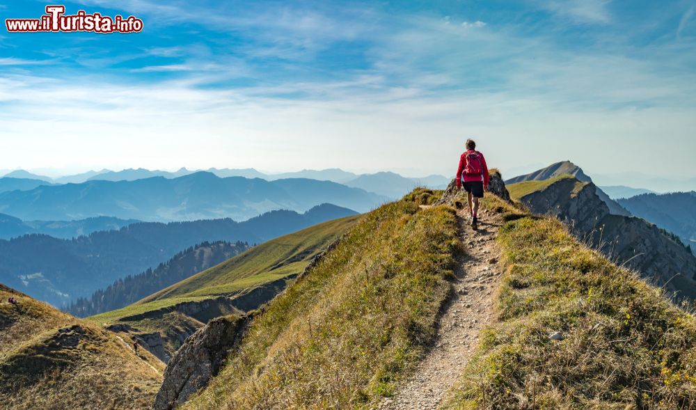Immagine Una donna passeggia in autunno sulla cresta della catena Nagelfluh nei pressi di Oberstdorf (Germania). Sullo sfondo, la cima di Hochgrats.