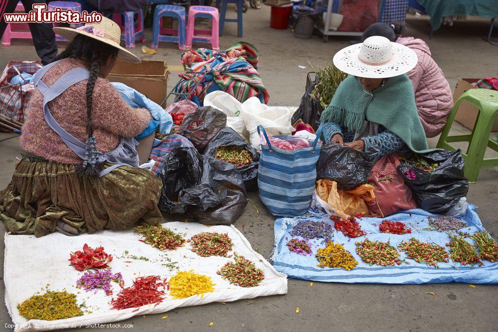 Immagine Donne in abiti tradizionali vendono petali di fiori in una strada del mercato di Oruro, Bolivia - © JeremyRichards / Shutterstock.com