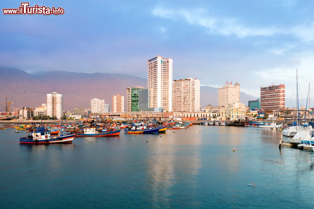 Immagine  Downtown e marina di Iquique viste al tramonto dal porto, Cile, Sud America.
