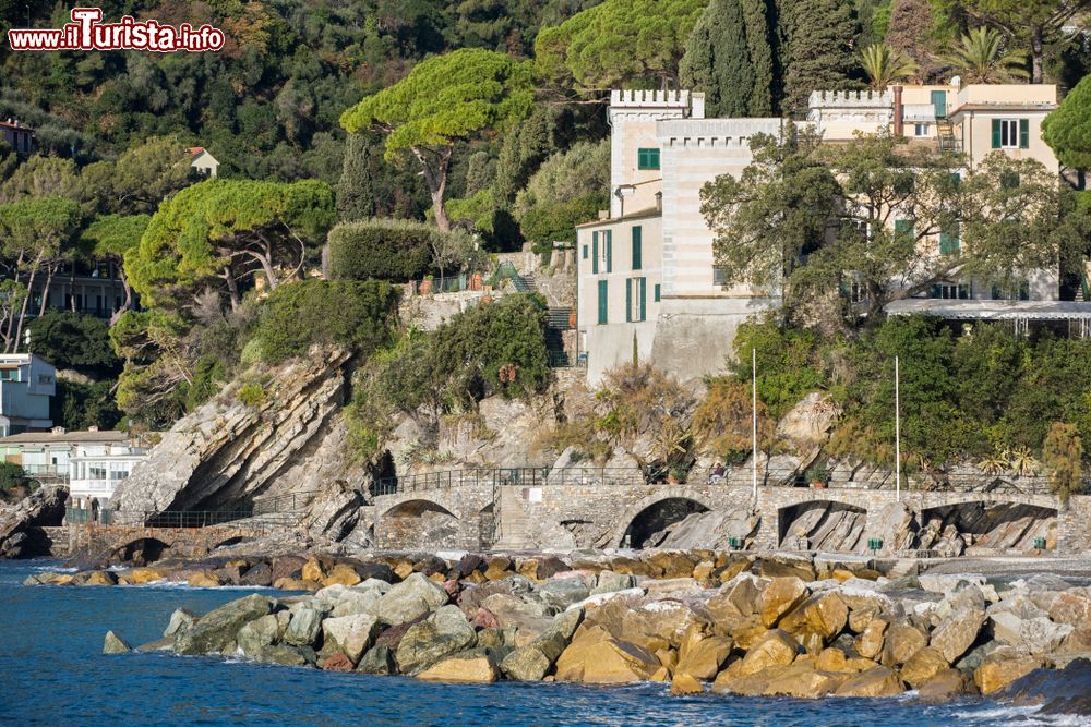 Immagine Eleganti edifici affacciati sul mar Ligure a Zoagli, provincia di Genova. Sotto, la passeggiata lungomare da percorrere soprattutto all'alba o al tramonto.