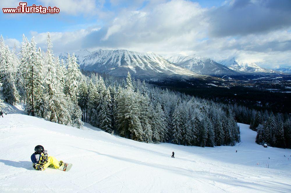 Immagine Fernie (Canada), uno snowboarder ammira il panorama innevato prima di scendere a valle - © Timothy Yue / Shutterstock.com