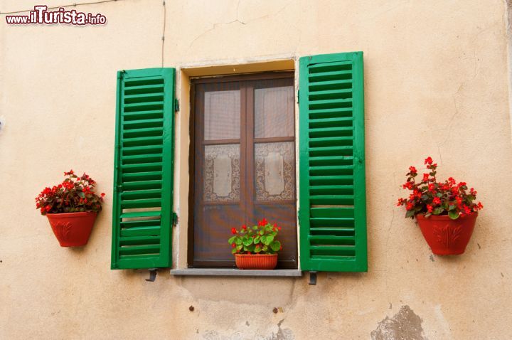 Immagine Finestra a Castiglione del Lago, Umbria - Persiane smaltate di verde brillante per questa bella finestra che impreziosisce la facciata di un edificio del borgo assieme a due vasi fioriti © Wallace Weeks / Shutterstock.com