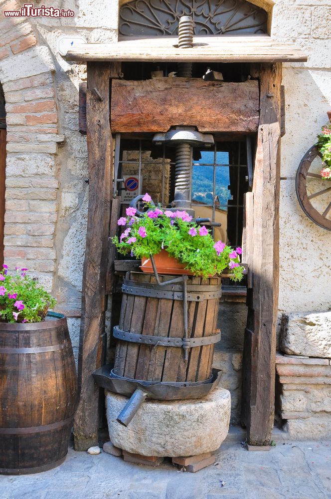 Immagine Fiori e vecchie botti in un vicolo del centro storico di San Gemini, Umbria, Italia.