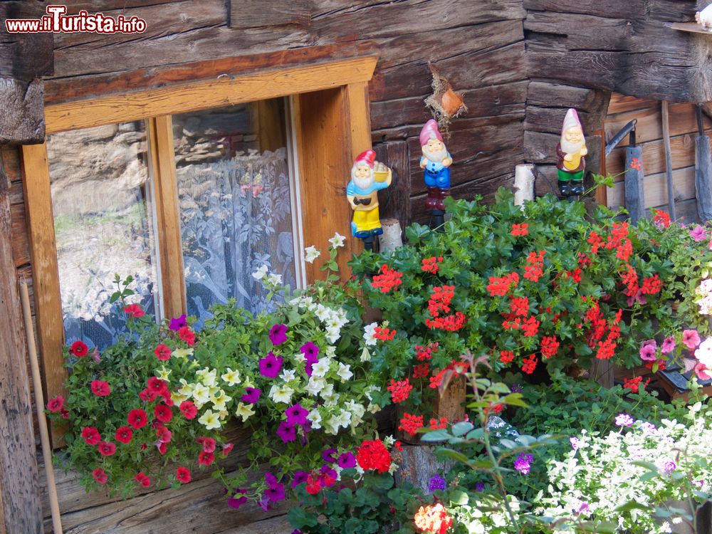 Immagine Fiori in una tipica casa di legno a Leukerbad, Svizzera. Questo grazioso paesino del cantone del Vallese conta poco meno di 1600 abitanti.