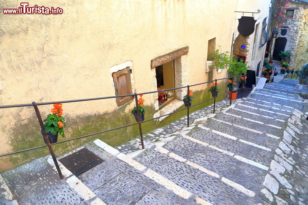 Immagine Fiori addobbano le strade medievali nella vecchia città di Saint-Paul-de-Vence, Francia.