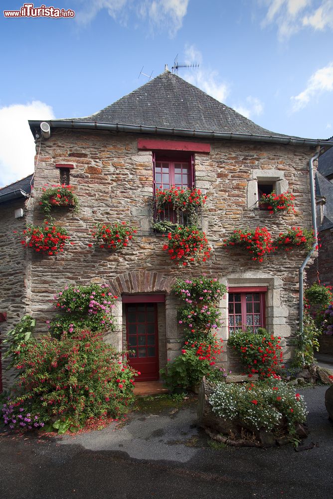 Immagine Fiori sulla facciata di una vecchia casa in pietra a Josselin, Francia.