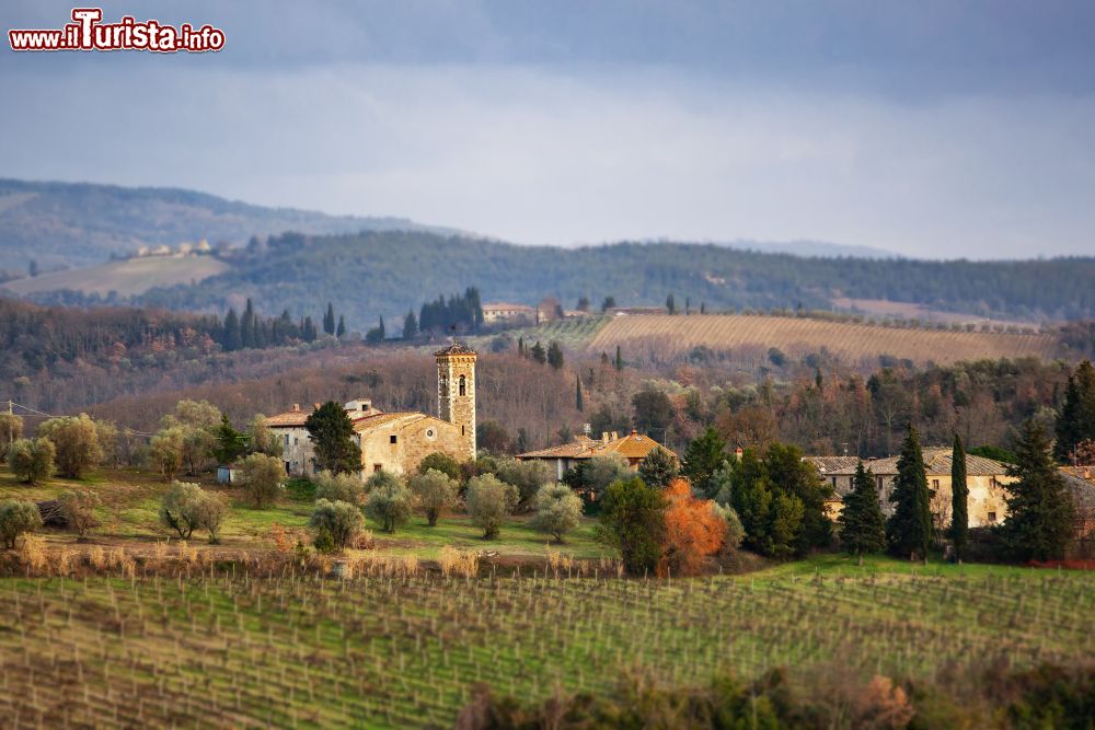 Immagine Foliage autunnale nei pressi di Barberino Val'd'Elsa, provincia di Firenze: vigneti e un'antica chiesa in pietra.