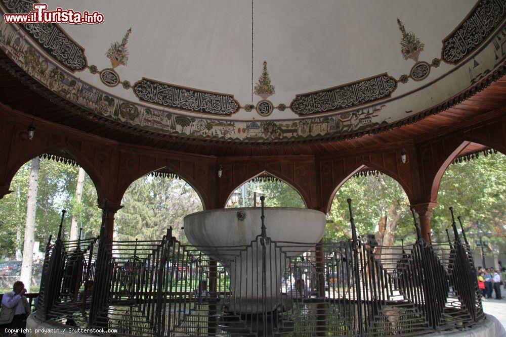 Immagine Fontana nel giardino della Beyazit Pasa Mosque di Amasya, Turchia. Questo edificio in stile ottomano quattrocentesco presenta la stessa pianta delle moschee di Bursa: la sala di preghiera è a due livelli, ognuno dei quali sormontato da una cupola - © prdyapim / Shutterstock.com