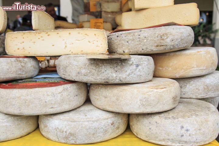 Immagine Formaggi tipici piemontesi esposti in una bancarella in piazza a Moncalvo - © outcast85 / Shutterstock.com