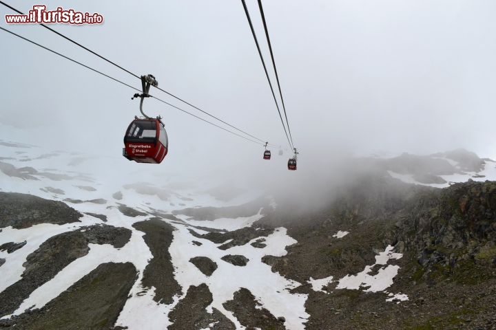 Immagine Funivia sul ghiacciaio, Valle dello Stubai: la cabine viaggiano sospese sul nulla ad altezze vertiginose sullo Stubaier Gletscher, prima di raggiungere la Bergstation Elsgrat a quota 2900 metri s.l.m.