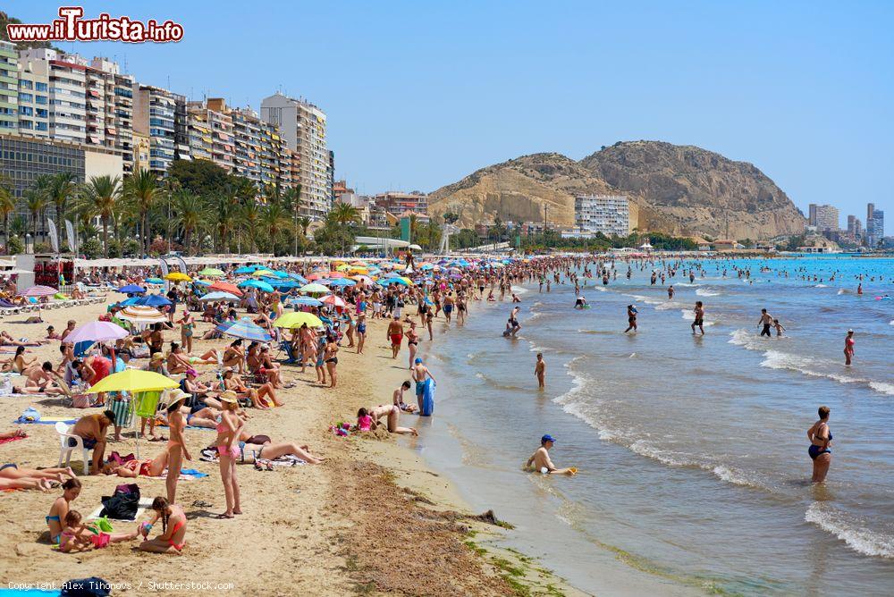 Immagine Gente in spiaggia sulla famosa Postiguet Beach a Alicante in estate, Spagna. Principale spiaggia della città, è caratterizzata da acque cristalline, sabbia dorata, palmeti e uno splendido lungomare - © Alex Tihonovs / Shutterstock.com