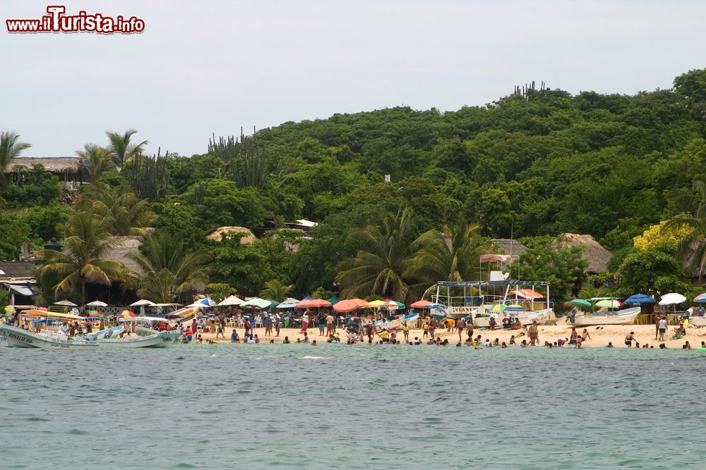 Immagine Gente sulla spiaggia di Puerto Escondido, Messico. Sullo sfondo, la lussureggiante vegetazione di questa località balneare e turistica.