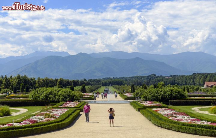 Immagine Le alpi e i giardini nei pressi della Reggia di Venaria Reale, Torino (Piemonte) - Se c'è una specialità che qui non manca senza dubbio sono le ampie vedute che non solo sfociano nel verde "artificiale" dei giardini costituiti appositamente per abbracciare la Reggia di Venaria Reale, ma abbracciano anche la natura circostante delle Alpi che riflette il disegno geografico del Piemonte. Il tutto, dona l'idea di un'imponenza che si sposa alla perfezione con la maestosità del complesso, regalando uno spettacolo generoso a tutte le macchine fotografiche e agli occhi dei visitatori - © Paolo Bona / Shutterstock.com