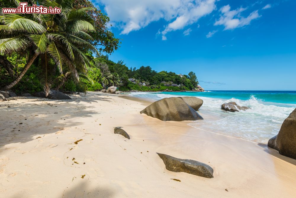 Immagine Giornata di sole sulla spiaggia di Anse Carana a nord di Mahé, Seychelles. Lunga poco più di 300 metri e larga una ventina, questa spiaggetta spesso deserta è perfetta per chi cerca il vero sogno tropicale.